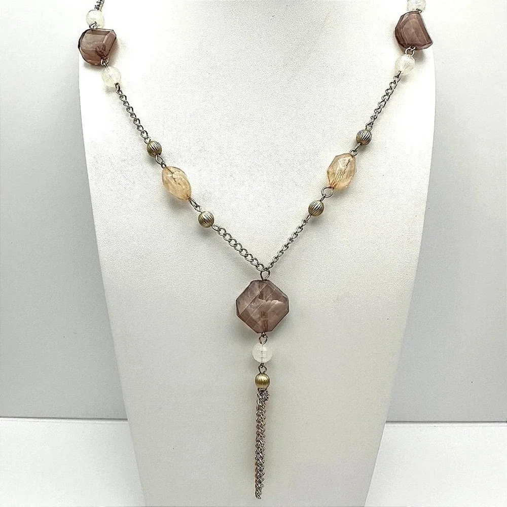 Vintage Y2K Gold Tone Long‎ Tassel Necklace Smoky Amber Glass Bead Boho Jewelry